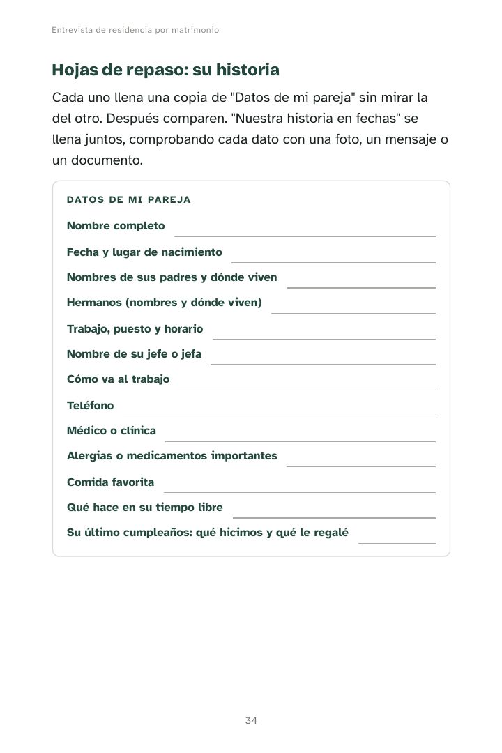 Hoja de repaso para llenar con los datos de la pareja